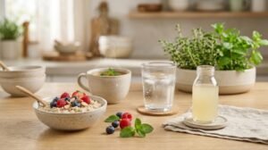 Probiotic shot with a healthy breakfast and morning drinks