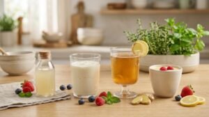 Probiotic shot with kefir and other fermented drinks
