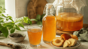 Glass of kombucha with natural ingredients on a kitchen counter