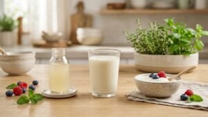 Probiotic shot, plain kefir and yogurt side by side