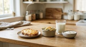 Cooked dairy foods including melted cheese and a baked dish alongside milk