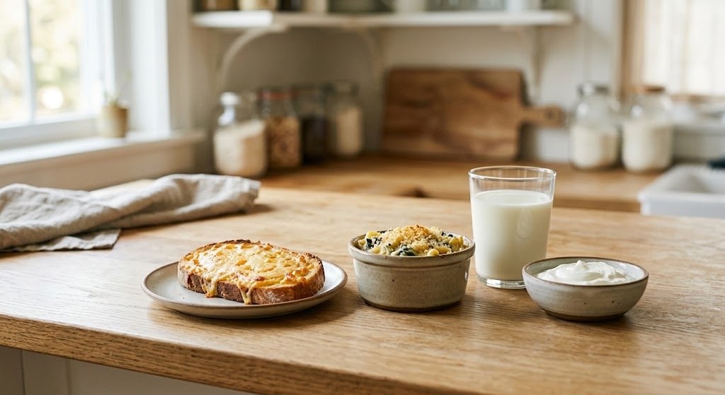 An assortment of fresh dairy products, including a tall glass of milk, a wedge of Swiss cheese, a cup of yogurt, and small cheese blocks, arranged together on a clean white background.