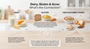 An informative infographic comparing the potential impacts of dairy, gluten, and high-glycemic foods on acne, presented with food examples and scientific findings.