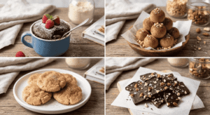 Four-panel collage showing a chocolate mug cake, peanut butter fat bombs, cinnamon sugar cookies, and chocolate bark.