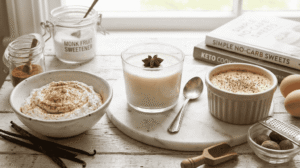A bowl of whipped ricotta, a glass of panna cotta, and a ramekin of baked custard displaying various no carb dessert recipes.
