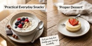 Side-by-side comparison of a Greek yogurt bowl with berries and a mini keto cheesecake.