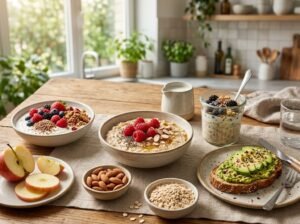 Healthy high-fiber breakfast table featuring oatmeal with berries, avocado on whole-grain toast, overnight oats, Greek yogurt, chia seeds, and almonds in morning sunlight.