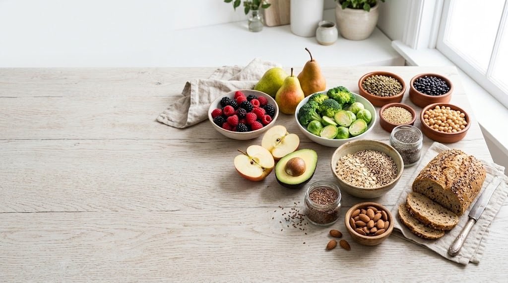 Array of high-fiber foods including berries, avocado, apples, legumes, seeds, and whole-grain bread on a light wooden table.