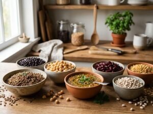 Assortment of high-fiber legumes including cooked lentils, black beans, chickpeas, kidney beans, and split peas in ceramic bowls on a warm kitchen table.