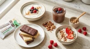A selection of high protein low carb sweet snacks including Greek yogurt with berries, chocolate protein chia pudding, cottage cheese with cinnamon, and protein bars.