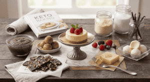 An overhead shot of a wooden table covered in various keto desserts, baking ingredients, and a cookbook.