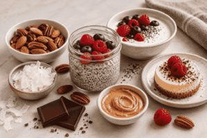 Assorted keto-friendly snacks including Greek yogurt, chia pudding, nuts, dark chocolate, nut butter, and mini cheesecake