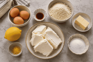 Ingredients for keto mini cheesecakes including cream cheese, almond flour, eggs, butter, lemon, vanilla, and sweetener.
