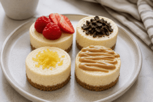Four keto mini cheesecakes topped with fresh berries, dark chocolate, lemon zest, and nut butter.