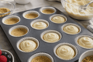 Homemade keto mini cheesecakes with almond-flour crusts and creamy filling in a muffin pan.