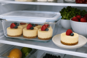 Keto mini cheesecakes stored in a covered glass container with one cheesecake served on a plate