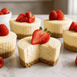 Keto mini cheesecakes with creamy filling, almond-flour crusts, strawberries, and raspberries on a kitchen counter.