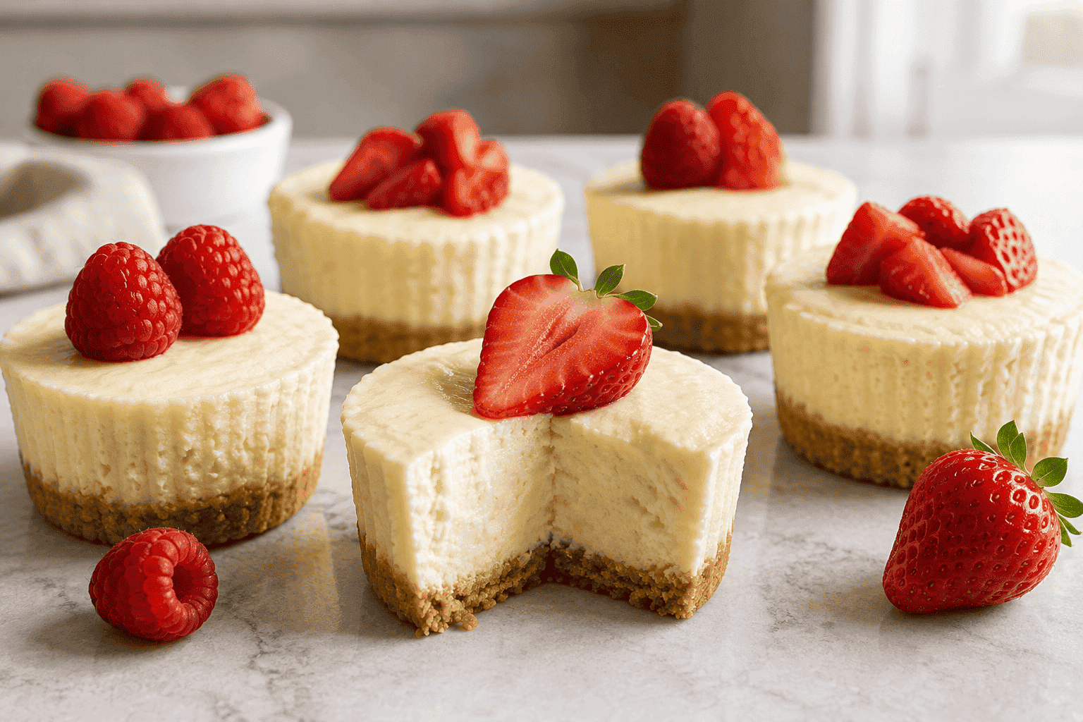 Keto mini cheesecakes with creamy filling, almond-flour crusts, strawberries, and raspberries on a kitchen counter.