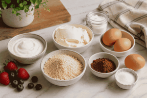Ingredients for low carb sweet snacks with yogurt, eggs, almond flour, cocoa and berries