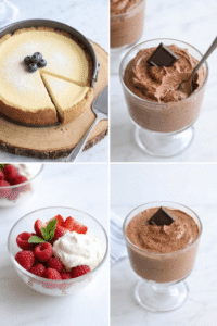 Four-panel grid featuring classic keto cheesecake, dark chocolate mousse, and fresh berries with whipped cream.