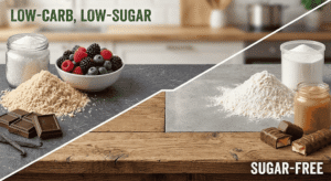 Side-by-side comparison showing low-carb ingredients like almond flour, erythritol, dark chocolate, and berries versus sugar-free products containing wheat flour and high-carb sweeteners.