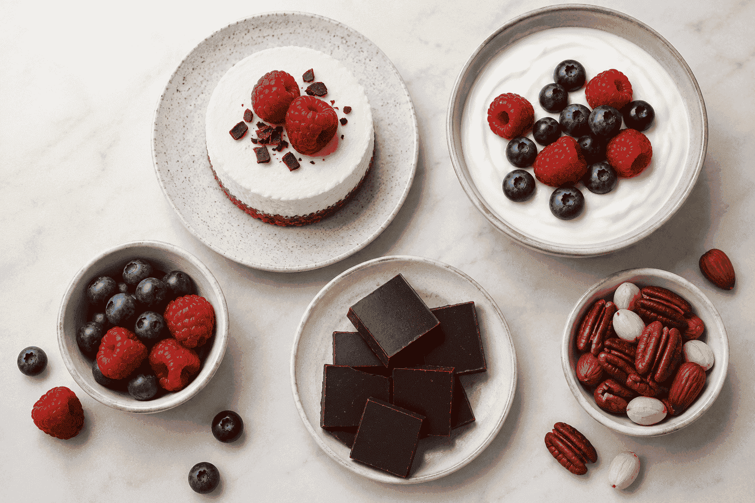 A flat-lay selection of low carb sweet snacks including mini berry cheesecake, dark chocolate squares, Greek yogurt with berries, mixed nuts, and fresh blueberries.