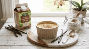 A ramekin of chilled vanilla bean custard next to a glass jar of monk fruit sweetener, vanilla pods, and heavy cream.