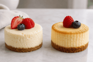 No-bake and baked keto mini cheesecakes compared side by side.