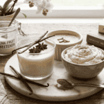 A glass cup of vanilla bean panna cotta, a ramekin of baked custard, and a bowl of whipped ricotta arranged together to display a variety of no carb dessert recipes.