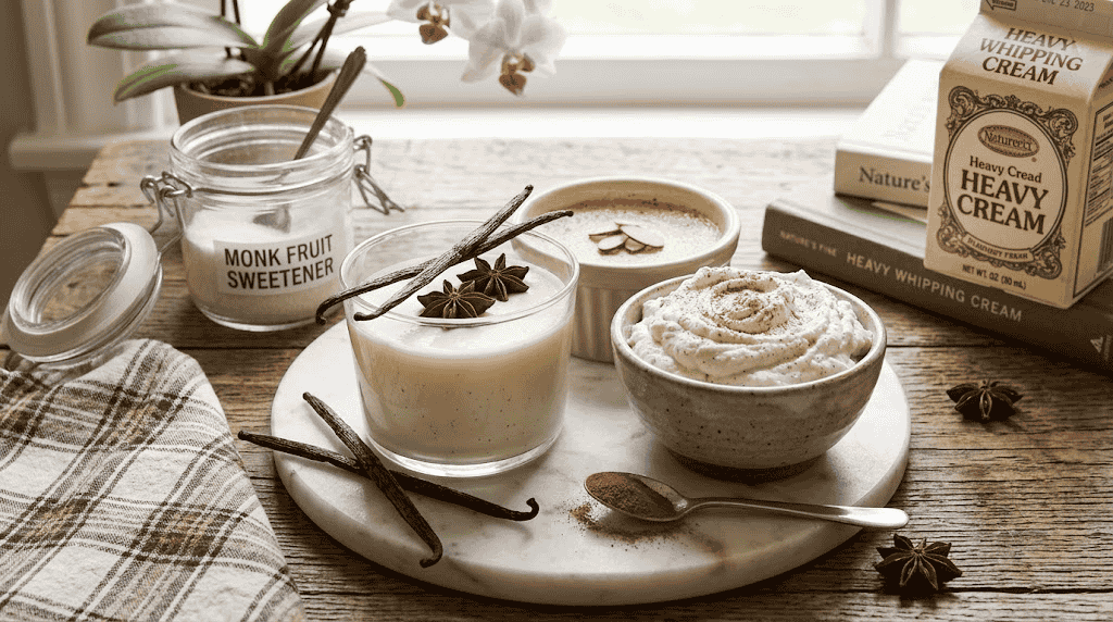A glass cup of vanilla bean panna cotta, a ramekin of baked custard, and a bowl of whipped ricotta arranged together to display a variety of no carb dessert recipes.