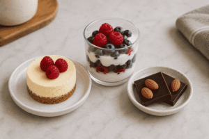 Mini cheesecake, Greek yogurt with berries, and dark chocolate with almonds arranged as individual snack portions.