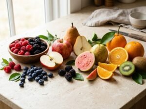 Array of fiber-rich fruits including berries, sliced apples, pears, kiwi, guava, and oranges on a light stone surface.