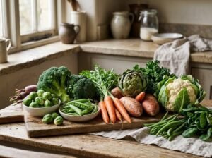 Assortment of fresh fiber-rich vegetables including broccoli, Brussels sprouts, carrots, sweet potato, artichoke, green peas, and leafy greens on a neutral kitchen surface.
