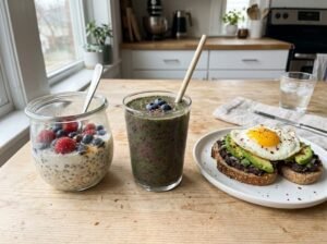 Overnight oats, berry smoothie, and black bean avocado toast