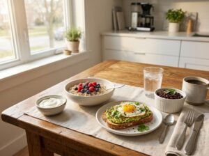 High fiber breakfast with oatmeal, berries, chia seeds, avocado, and eggs