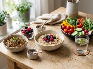Educational food layout with a bowl of oatmeal, lentils, berries, chia seeds, fresh vegetables, and a glass of water on a light wooden table.