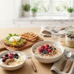 High fiber breakfast with oatmeal, berries, chia seeds, yogurt, and avocado toast