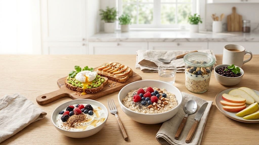 High fiber breakfast with oatmeal, berries, chia seeds, yogurt, and avocado toast