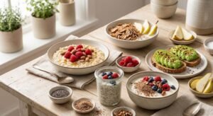 Breakfast spread on a wooden table with berry oatmeal, avocado toast, chia overnight oats, yogurt with berries, and cereal with pear slices.