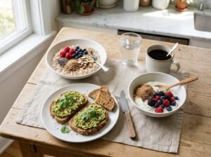 Oatmeal, berries, chia seeds, Greek yogurt, and avocado toast