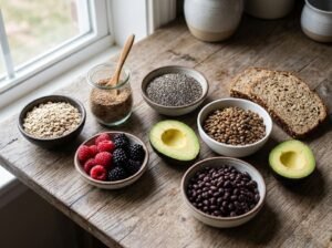 Oats, chia seeds, berries, avocado, beans, and whole-grain bread