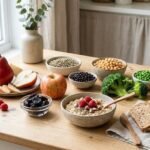 Array of fiber-rich foods including prunes, berries, pears, legumes, oatmeal, chia seeds, and a glass of water on a light table.