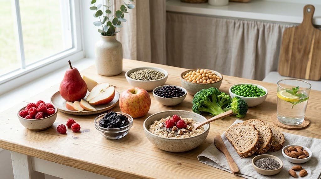 Array of fiber-rich foods including prunes, berries, pears, legumes, oatmeal, chia seeds, and a glass of water on a light table.
