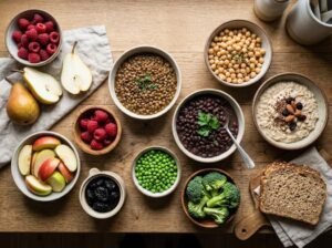 Overhead view of high-fiber foods including raspberries, pears, apples, prunes, peas, broccoli, legumes, oatmeal, and whole-wheat bread on a neutral surface.
