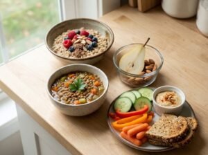 Four small fiber-rich meals on a wooden counter, featuring oatmeal with berries, lentil soup, pear with almonds, and veggies with hummus and toast.