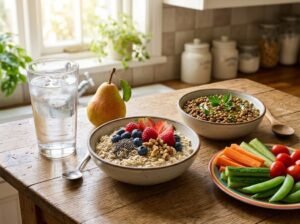 Tall glass of clear water alongside oatmeal with berries, chia seeds, a fresh pear, lentils, and vegetables on a wooden table.