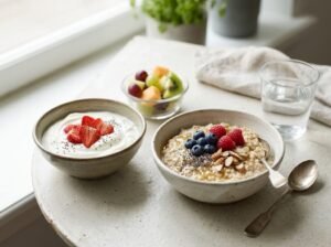 High fiber breakfast featuring oatmeal with berries and chia seeds next to Greek yogurt.