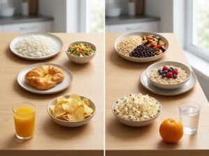 Side-by-side comparison of high-fiber food swaps including whole fruit, popcorn, oatmeal, and beans.