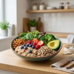 A vibrant, high fiber food bowl with oatmeal, berries, and vegetables for weight loss.