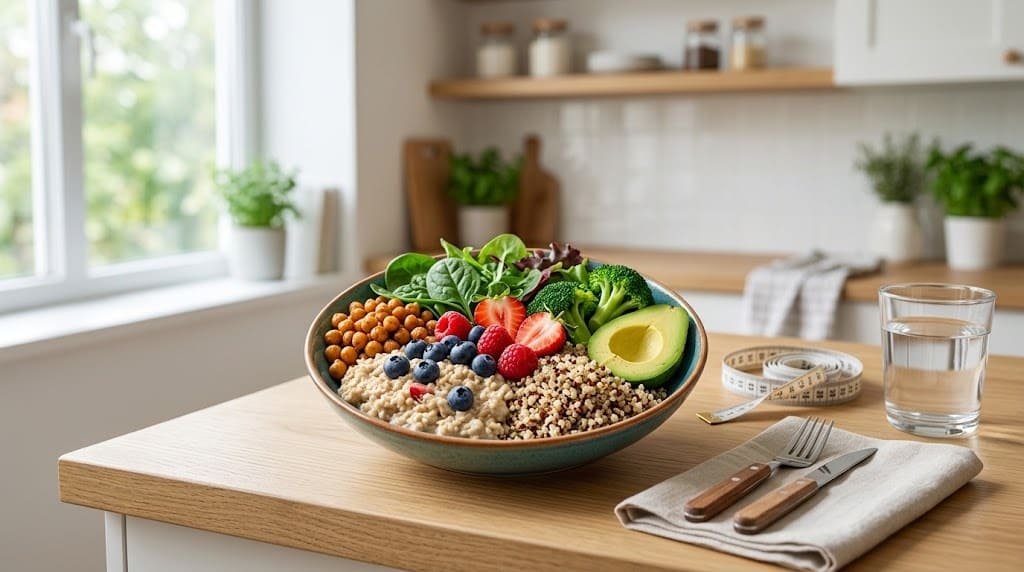 A vibrant, high fiber food bowl with oatmeal, berries, and vegetables for weight loss.